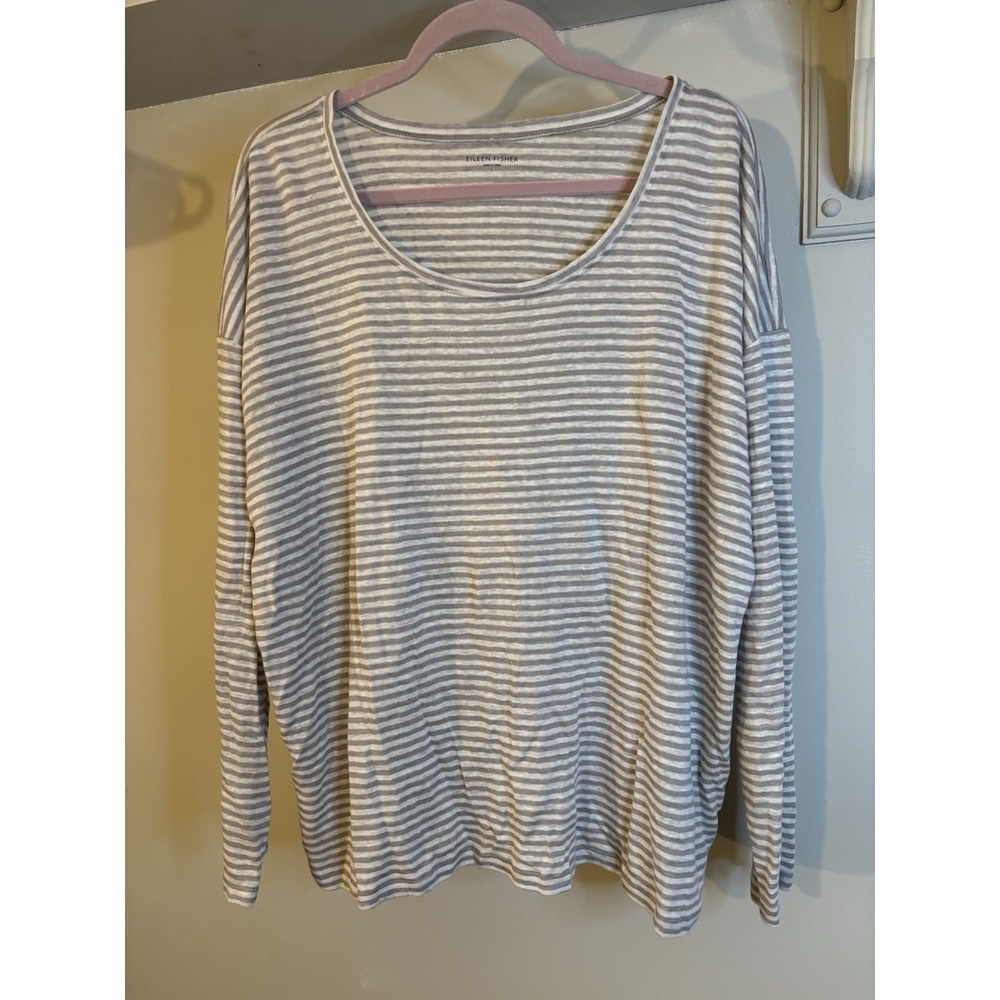 EILEEN FISHER Gray & White Stripe Linen Long Sleeve Boxy L
